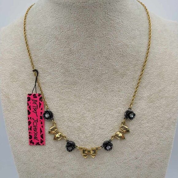 Betsey Johnson Jewelry - Betsey Johnson Black Rose Gold Tone Bow Delicate Necklace NWT!